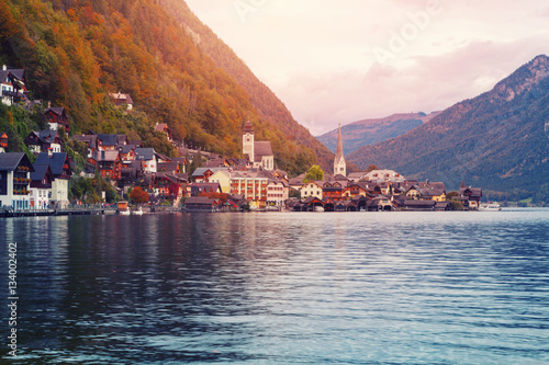 Famous Hallstatt mountain village with Hallstatt lake at morning