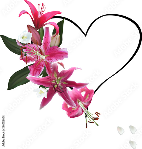 Fototapeta Naklejka Na Ścianę i Meble -  heart shape symbol from pink lily flowers on white