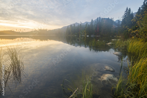 sunset over a mountain lake in the Tatras in Slovakia