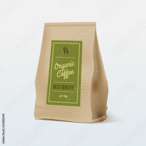 Brown Paper Food Bag Package Of Coffee. Vector mockup Template. Vector packaging design.