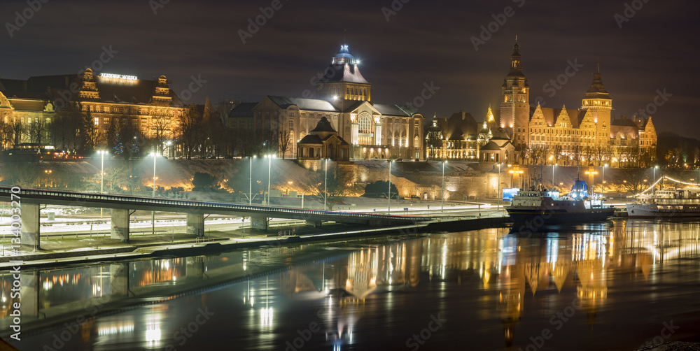 Night panorama of Old Town in Szczecin (Stettin) City,Poland