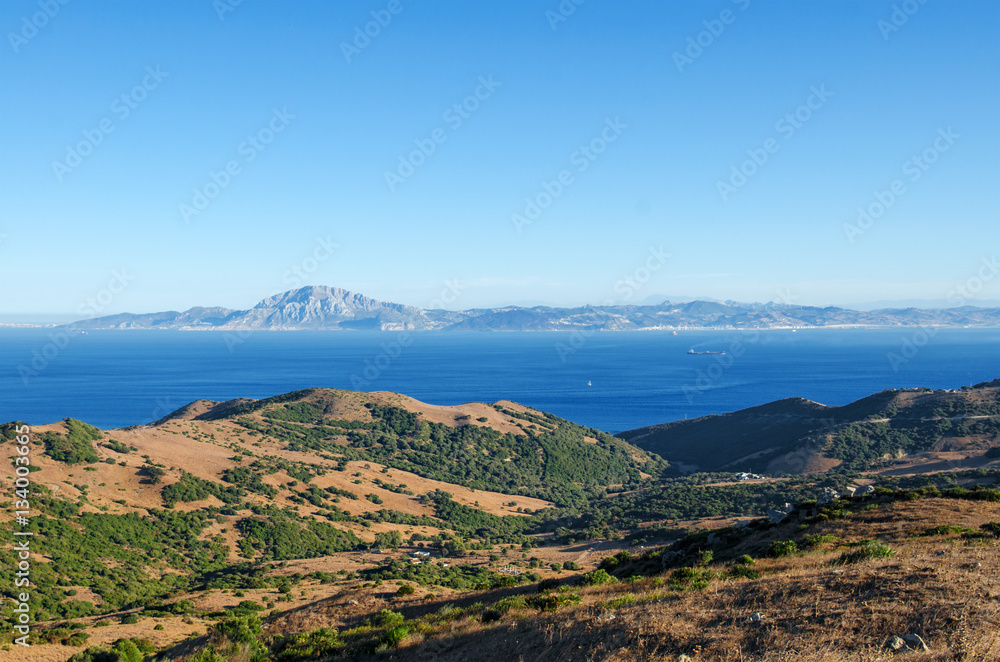 Views of the Strait of Gibraltar and the mountain Jebel Musa in Morocco from the Spanish side, provence Cadiz, Andalusia, Spain 