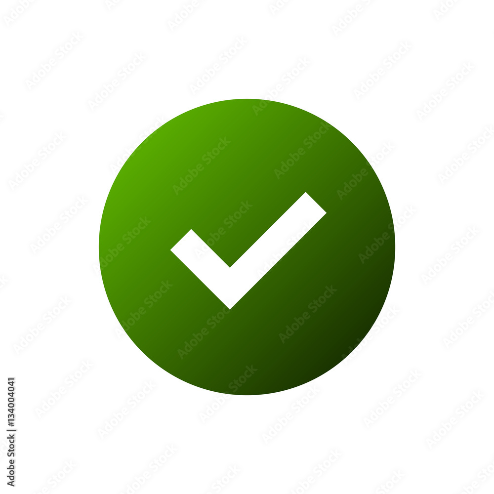 Tick sign element. Green checkmark icon isolated on white background. Simple mark graphic design. Circle OK button for vote, decision, web. Symbol correct, check, approved Vector illustration Tick sign element. Green checkmark icon isolated on white background. Simple mark graphic design. Circle OK button for vote, decision, web. Symbol correct, check, approved Vector illustration