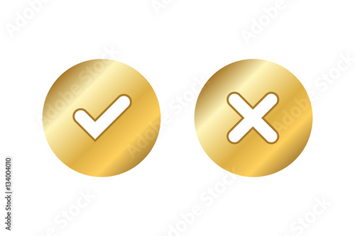 Tick and cross gold metallic sign element. Golden checkmark OK, X icon on white background. Check marks graphic design. YES and NO button for vote, decision, choice, web Vector illustration