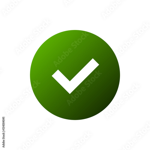 Tick sign element. Green checkmark icon isolated on white background. Simple mark graphic design. Circle OK button for vote, decision, web. Symbol correct, check, approved Vector illustration