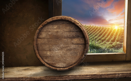 White wine with barrel on vineyard in Chianti  Tuscany  Italy