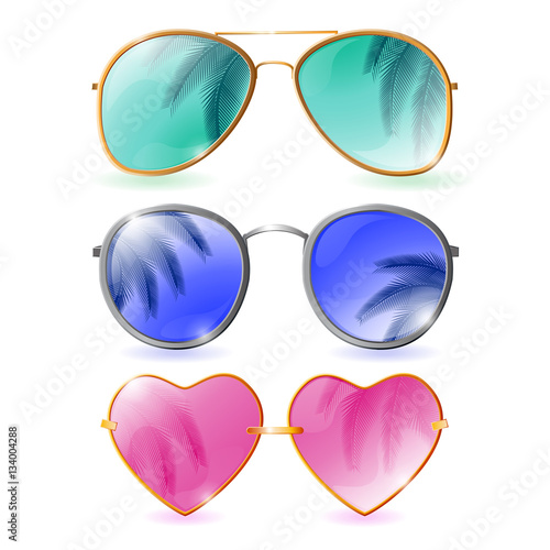 Set of colorful realistic sunglasses with palm reflections on wh