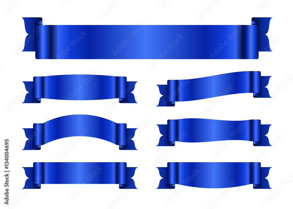 Blue ribbons set. Satin blank banners collection. Design label scroll blanks element, isolated on white background. Empty template for greeting or advertising. Symbols decoration. Vector illustration. Blue ribbons set. Satin blank banners collection. Design label scroll blanks element, isolated on white background. Empty template for greeting or advertising. Symbols decoration. Vector illustration.