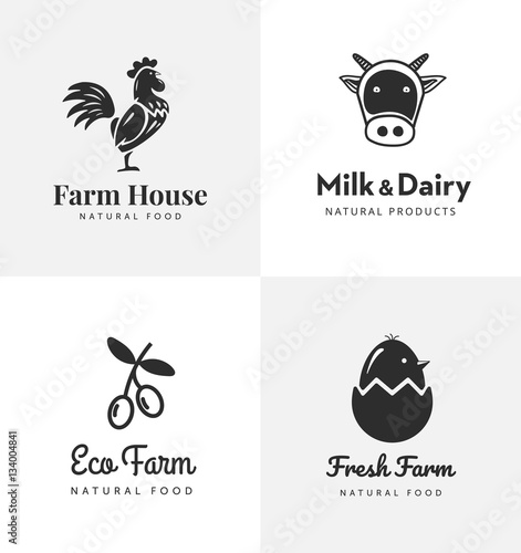 Fresh farm logos set. Vector labels for business with products from chicken meat, milk, dairy, eggs and olives.