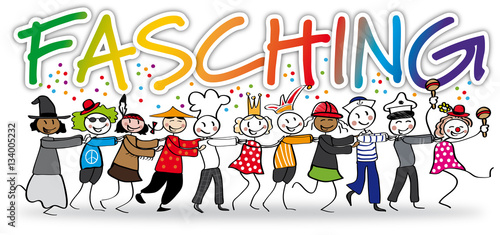 Fasching - Schriftzug mit lustig verkleideten Strichmännchen