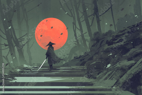 Fotografie, Obraz Samurai standing on stairway in night forest with the red moon on background,ill