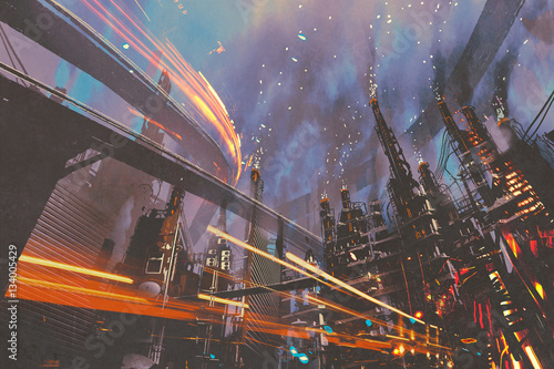 Fotografie sci-fi scenery of futuristic city with industrial buildings,illustration paintin