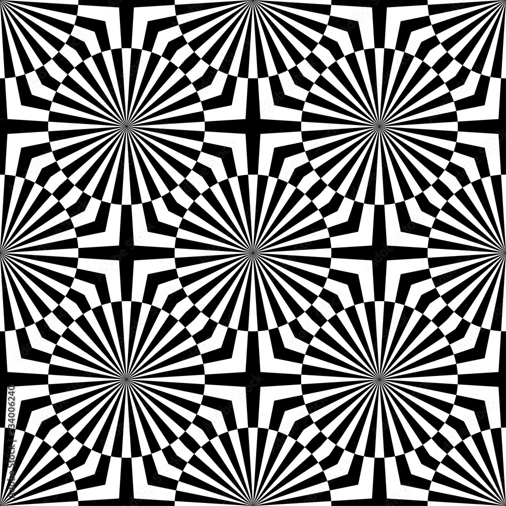Abstract vector seamless op art pattern. Monochrome graphic black and white ornament. Striped optical illusion repeating texture.
