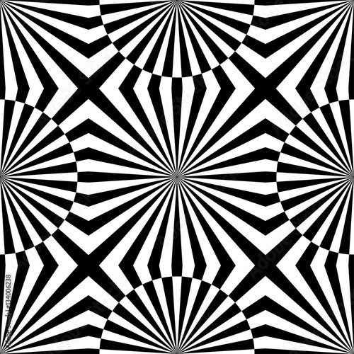 Abstract vector seamless op art pattern. Monochrome graphic black and white ornament. Striped optical illusion repeating texture.