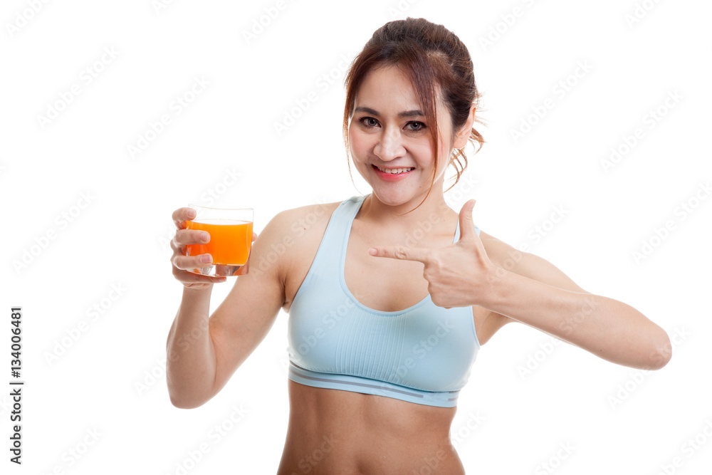 Beautiful Asian healthy girl point to orange juice. Beautiful Asian healthy girl point to orange juice.