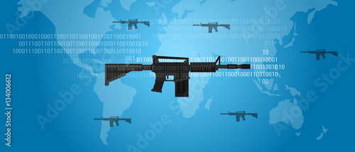 cyber warfare concept gun digital code world wide military assault firearm