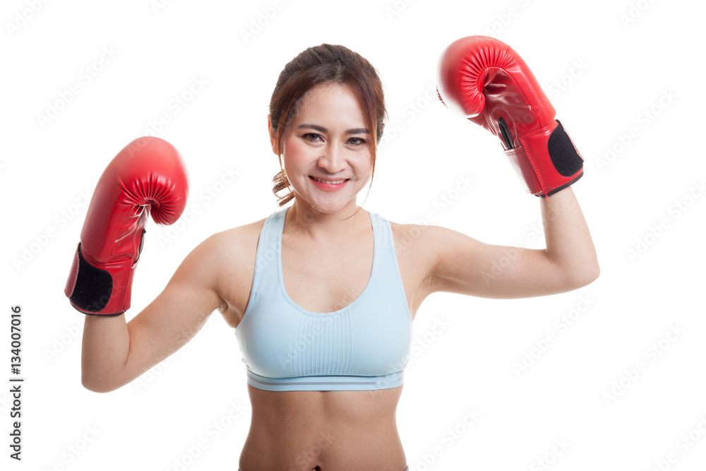 Beautiful healthy Asian girl with red boxing glove. Beautiful healthy Asian girl with red boxing glove.