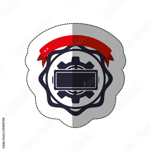 middle shadow sticker with pinion between circular shapes and ribbon vector illustration