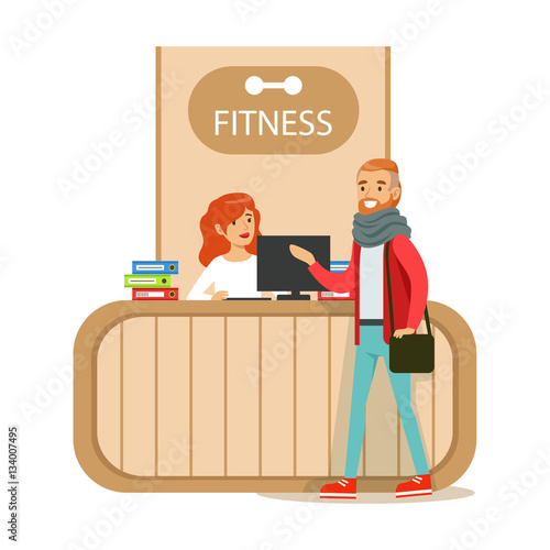 Fitness Club Reception Counter With Female Receptionist And Computer With Club Member Visiting