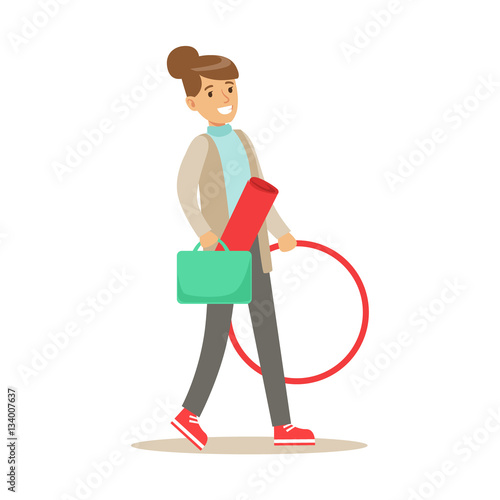 Fitness Club Trainer Walking To Work With Hula-hoop And Training Mat