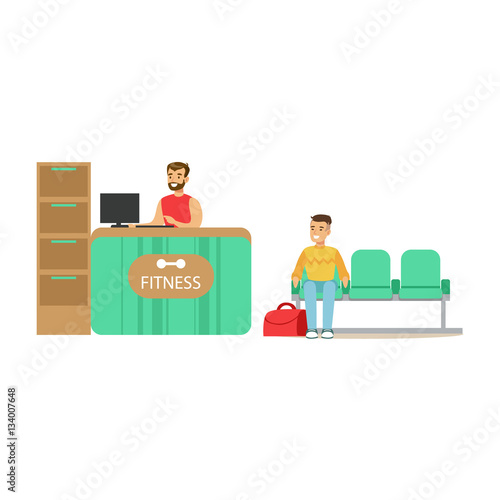 Fitness Club Reception Counter With Female Receptionist And Computer With Club Member Waiting