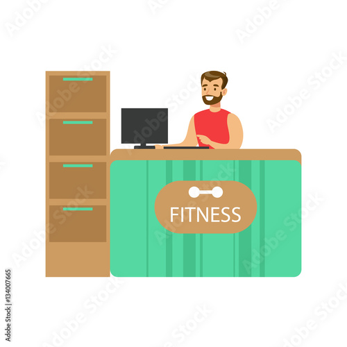 Fitness Club Reception Counter With Male Receptionist And Computer