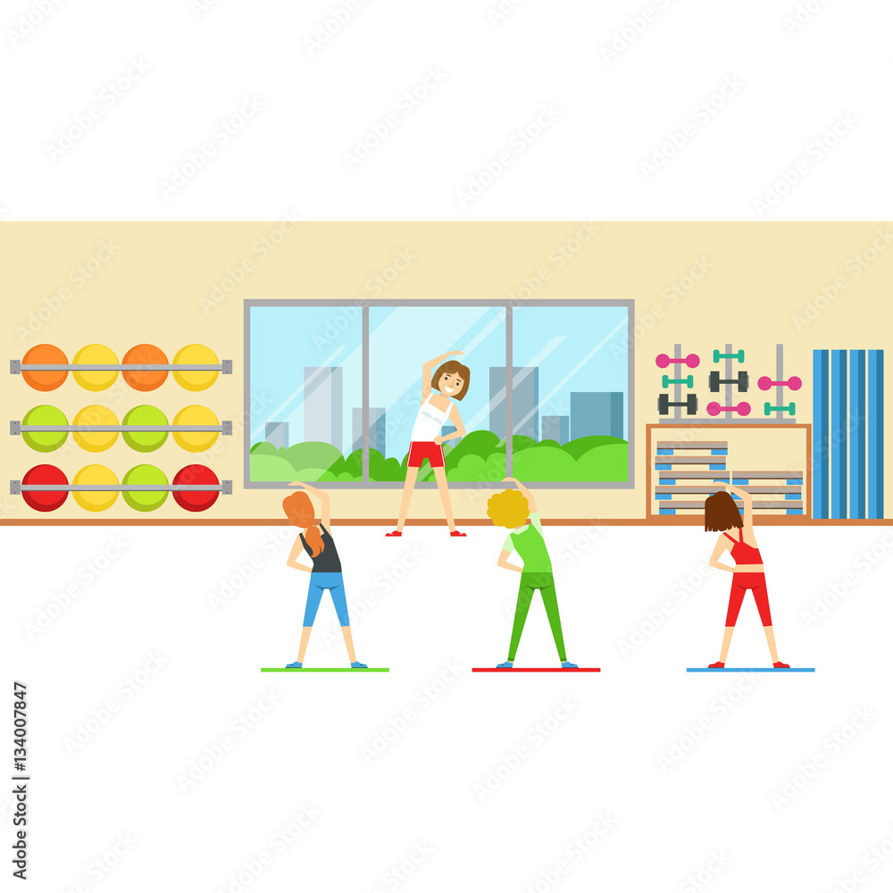 Stretching Class With Woman Trainer , Member Of The Fitness Club Working Out And Exercising In Trendy Sportswear Stretching Class With Woman Trainer , Member Of The Fitness Club Working Out And Exercising In Trendy Sportswear