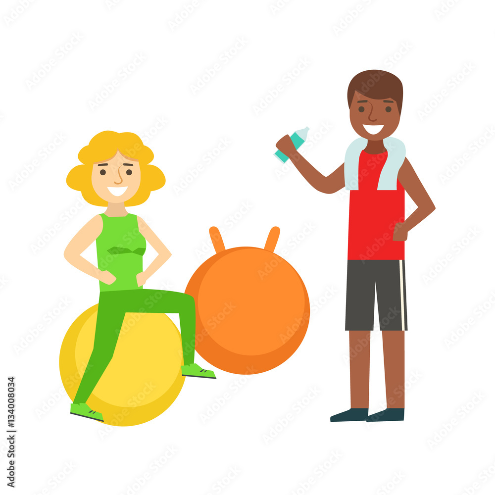 Woman Doing Exercise On Ball WIth Help Of Personal Trainer, Member Of The Fitness Club Working Out And Exercising In Trendy Sportswear Woman Doing Exercise On Ball WIth Help Of Personal Trainer, Member Of The Fitness Club Working Out And Exercising In Trendy Sportswear