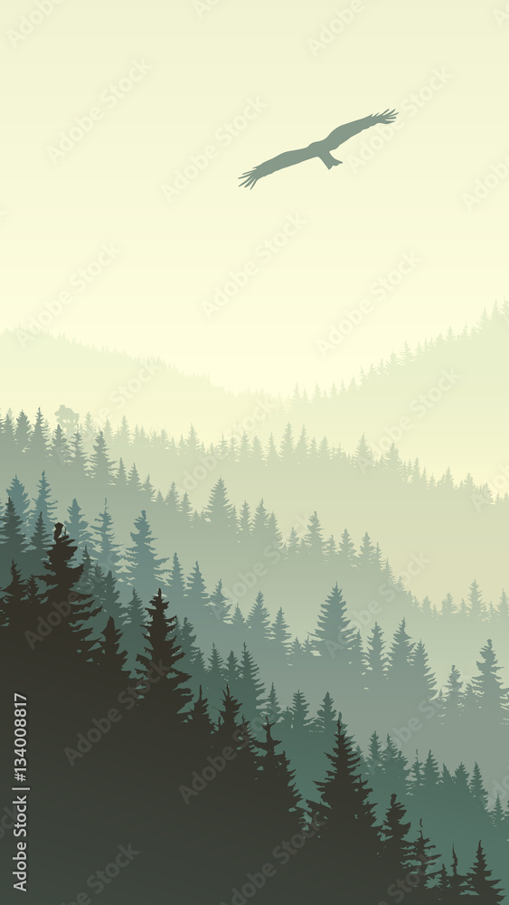 Obraz premium Vertical illustration of misty forest hills.