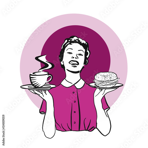 Kellnerin mit zwei Tellern, Kaffee und Bagel