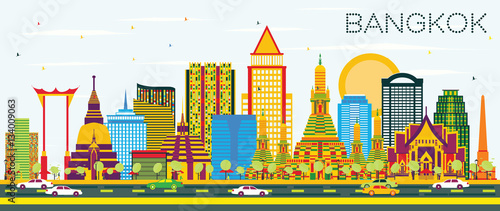 Bangkok Skyline with Color Landmarks and Blue Sky.