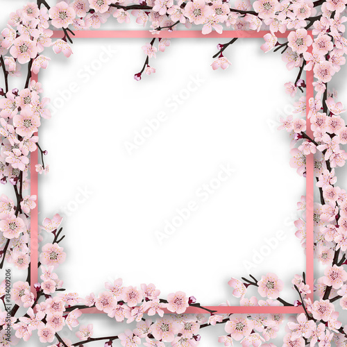 Pink frame overgrown sakura tree branches with blossom flowers. Vector template for greeting card, seasonal invitation and sale.