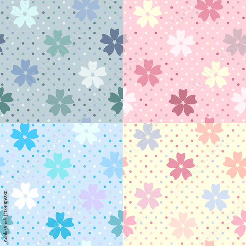 Set of 4 simple seamless pattern. Abstract background with flower and dots in different color combination. Vector illustration.