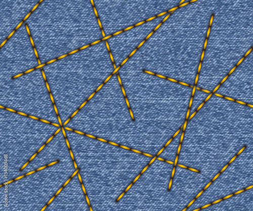 Blue jeans denim fabric background with thread seams. Seamless pattern. Vector illustration.