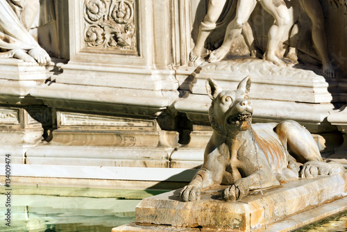 Detail of the Fonte Gaia (fountain of joy), Piazza del Campo. Siena, Tuscany, Italy