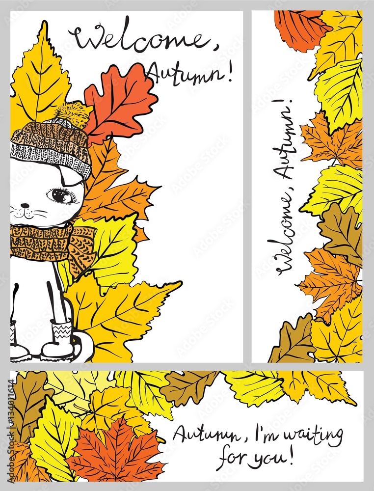 Vector autumn cards with cute cat for invitation, greeting card design, t-shirt print, inspiration poster.