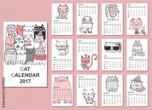 Calendar 2017. Cute cats for every month. Vector. Isolated.