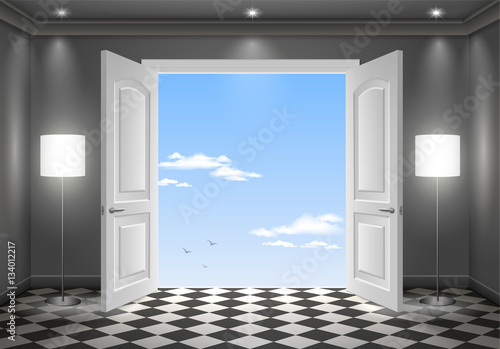 Open door in the sky. The interior of the dark room. Vector graphics