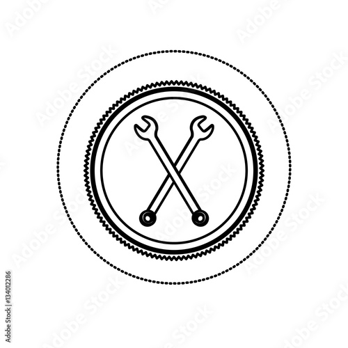 monochrome silhouette sticker with circular frame with crossed wrenches vector illustration