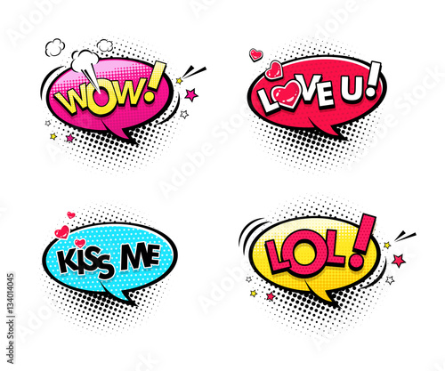 Vettoriale Stock Comic speech bubbles set with different emotions and text  Wow, Lol, Love you, Kiss me. Vector bright dynamic cartoon illustrations  isolated on white background | Adobe Stock