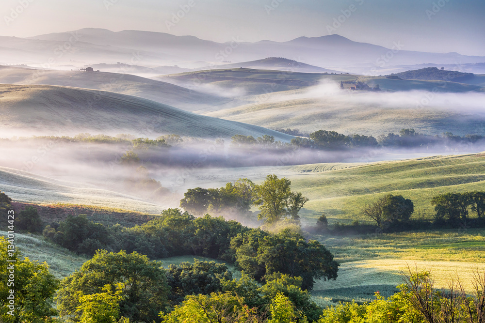 Hilly Tuscany valley at morning