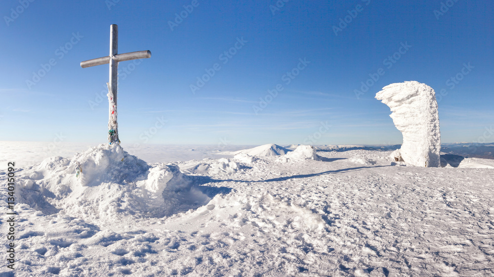 Fototapeta premium Winter Carpathian Mountains in Ukraine. Landscape with Goverla in the snow.