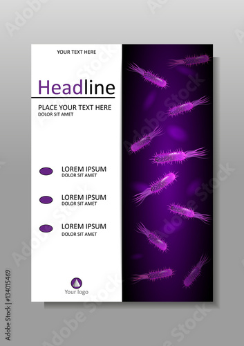 Cover design with flagellum bacteria in purple luminescence.Vect