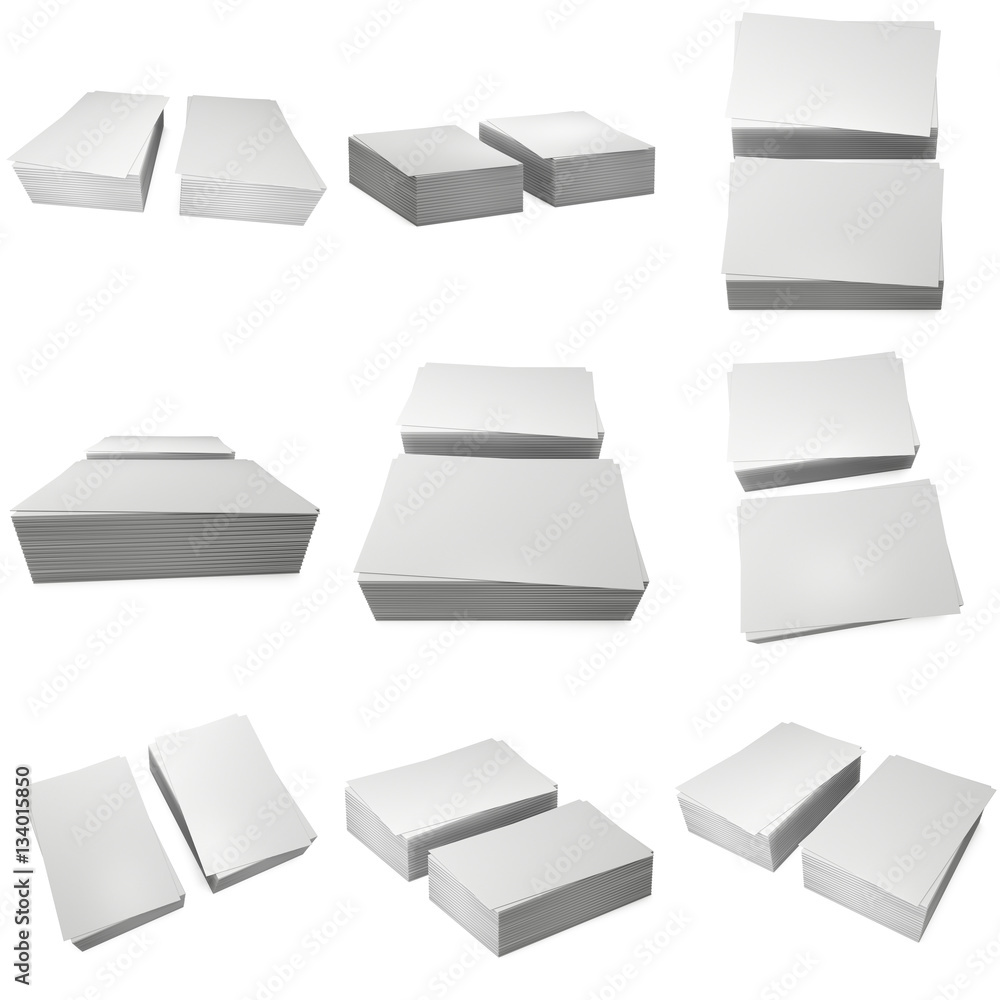 Stack of blank business cards set. 3d render isolated on white background. Name cards as a presentation for promotion of corporate identity Stack of blank business cards set. 3d render isolated on white background. Name cards as a presentation for promotion of corporate identity