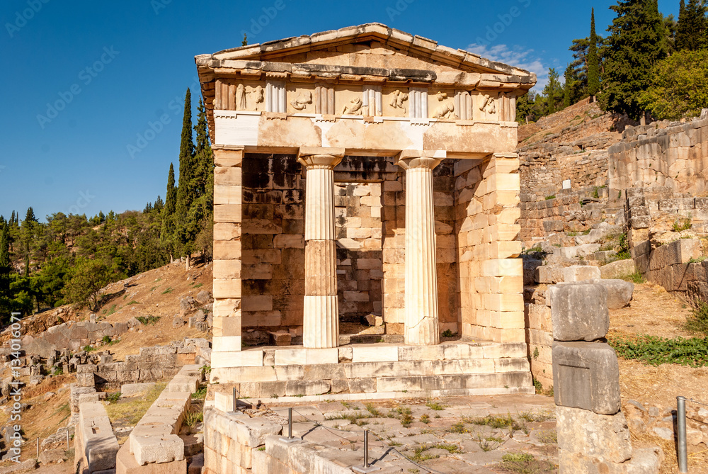 Athenian Treasury in Delphi, an archaeological site in Greece, at the Mount Parnassus