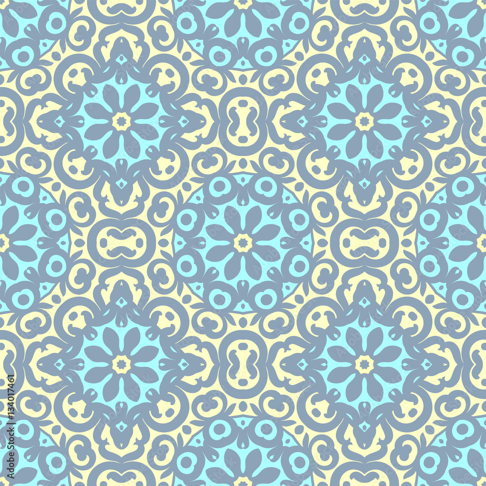 Vector seamless pattern with bright ornament. Tile in Eastern style. Ornamental lace tracery. Ornate swirl geometrical decor for wallpaper. Traditional arabic mosaic design Vector seamless pattern with bright ornament. Tile in Eastern style. Ornamental lace tracery. Ornate swirl geometrical decor for wallpaper. Traditional arabic mosaic design