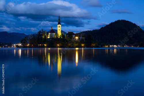 Church of Bled by night in Slovenia, Europe