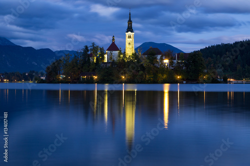 Church of Bled by night in Slovenia, Europe