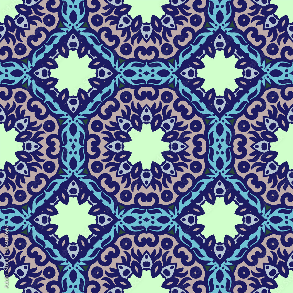 Vector seamless pattern with bright ornament. Tile in Eastern style. Ornamental lace tracery. Ornate swirl geometrical decor for wallpaper. Traditional arabic mosaic design Vector seamless pattern with bright ornament. Tile in Eastern style. Ornamental lace tracery. Ornate swirl geometrical decor for wallpaper. Traditional arabic mosaic design