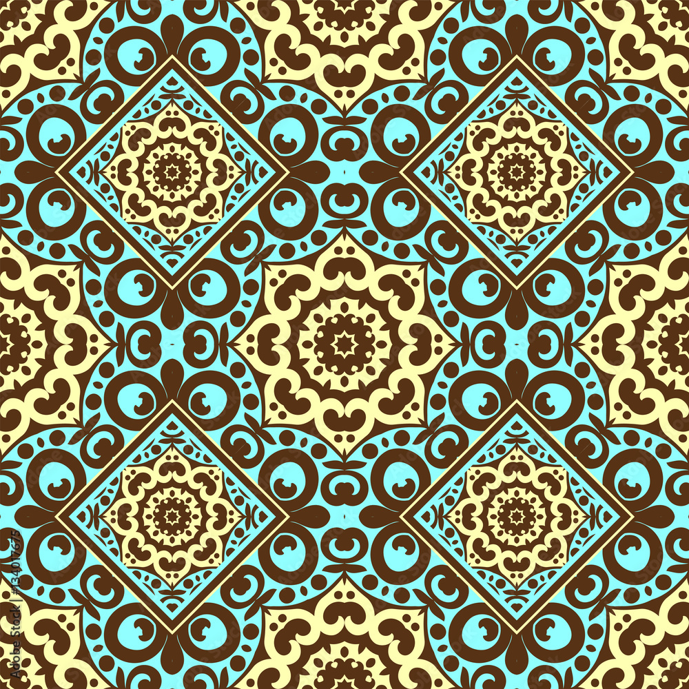 Vector seamless pattern with bright ornament. Tile in Eastern style. Ornamental lace tracery. Ornate swirl geometrical decor for wallpaper. Traditional arabic mosaic design Vector seamless pattern with bright ornament. Tile in Eastern style. Ornamental lace tracery. Ornate swirl geometrical decor for wallpaper. Traditional arabic mosaic design